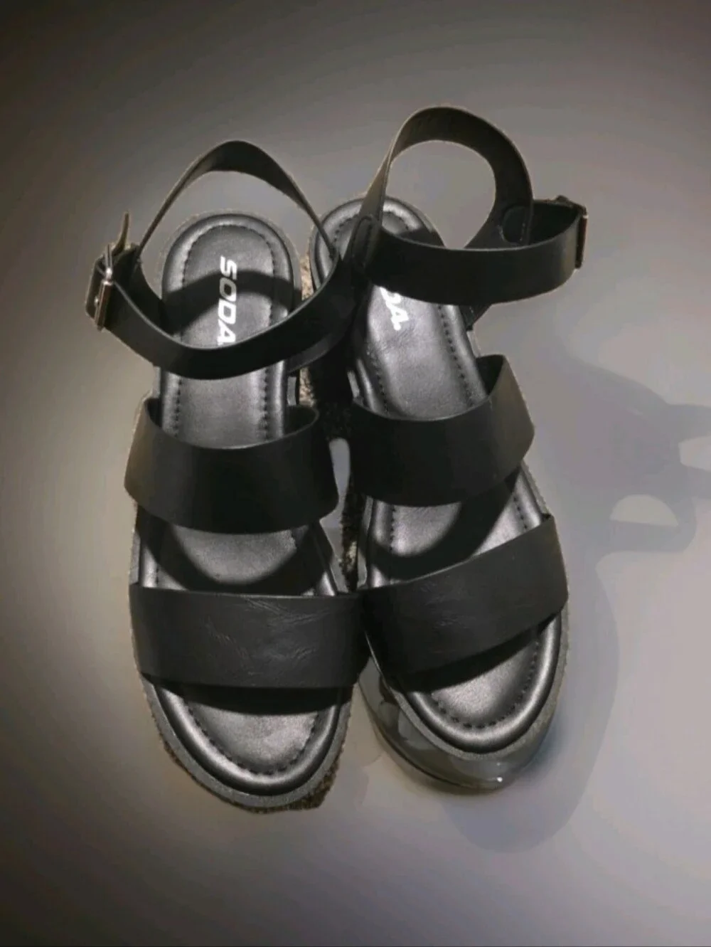 NWOT SODA Black platform faux leather triple strap Ankle Buckle Sandals Sz 10.